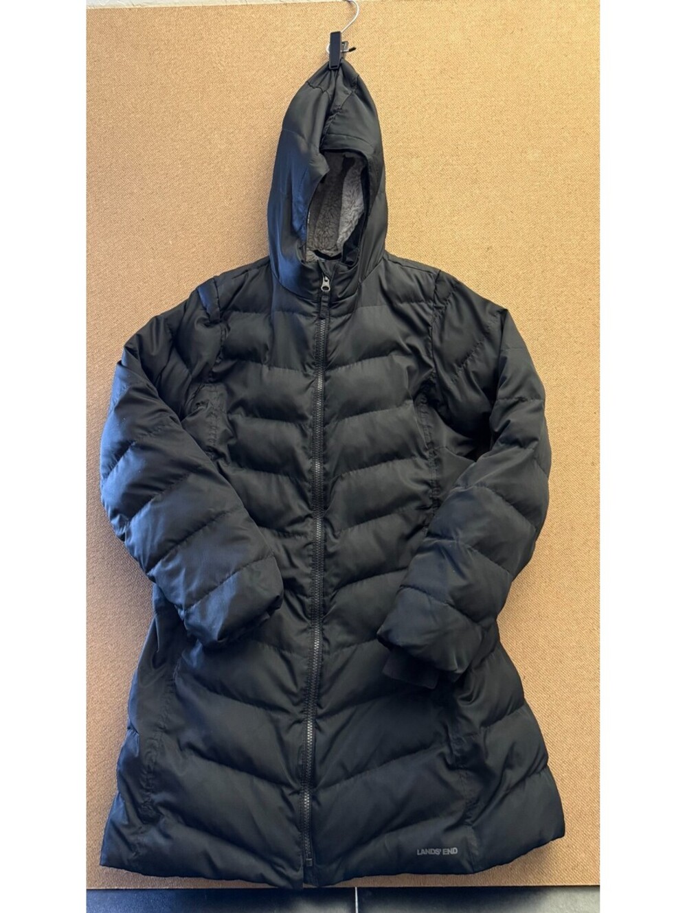 Lands' End Primaloft Women's Black Hooded Long Puffer Coat Zip Insulated